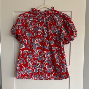 Red Floral Blouse with Puff Sleeves